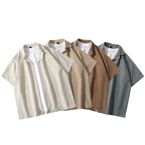 【預購】復古法式古巴領短袖襯衫 短袖襯衫,古巴領襯衫,夏季,桃皮絨