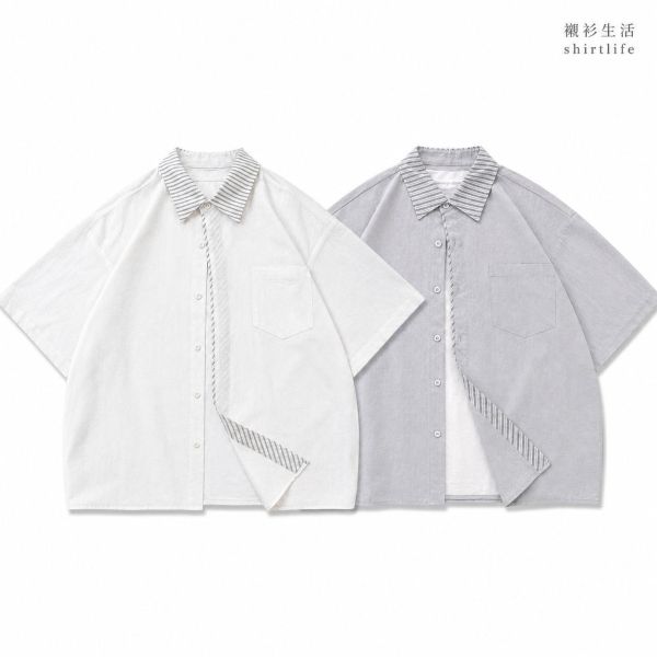 【新品預購】夏季拼接條紋短袖襯衫 短袖襯衫,休閒襯衫,春夏襯衫,條紋襯衫