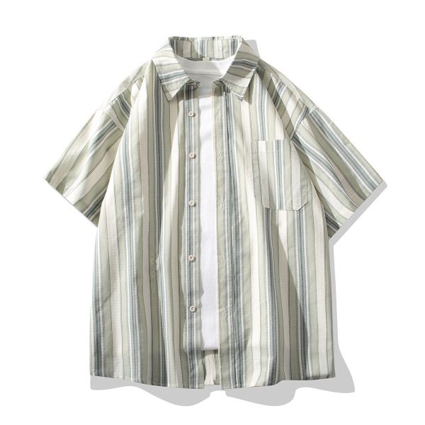 【預購】日系小印花條紋短袖襯衫 短袖襯衫,日系襯衫,夏季,條紋襯衫