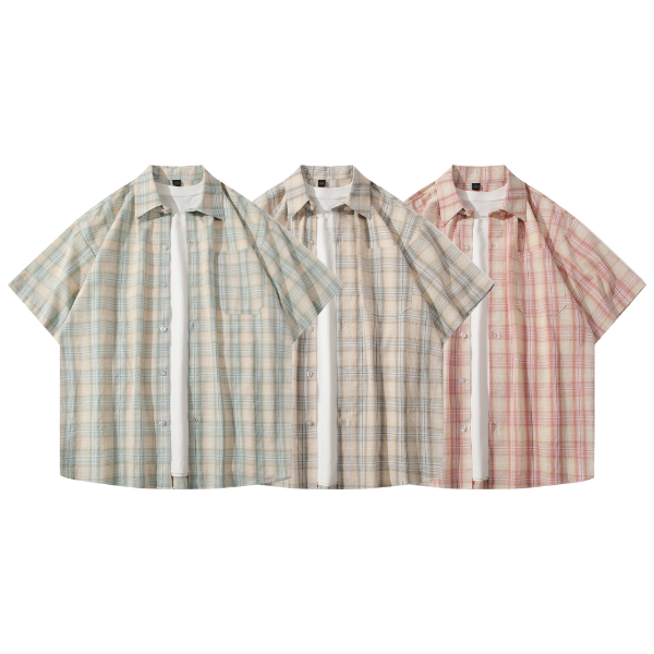 【預購】美式淺色格紋短袖襯衫 短袖襯衫,美式襯衫,夏季,格紋襯衫