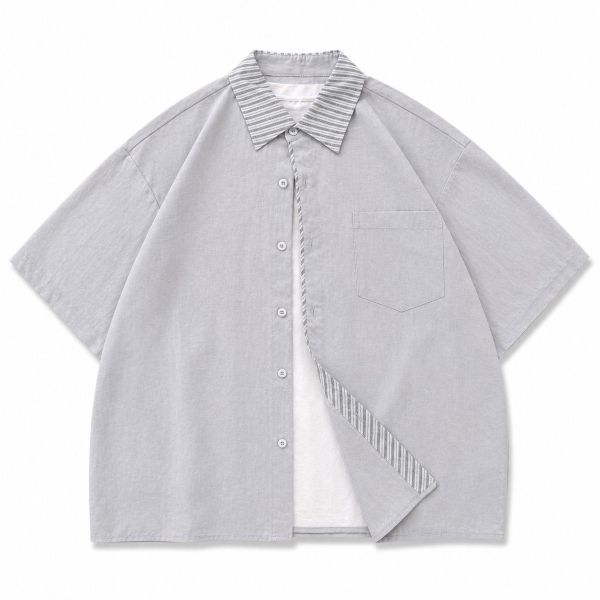 【新品預購】夏季拼接條紋短袖襯衫 短袖襯衫,休閒襯衫,春夏襯衫,條紋襯衫