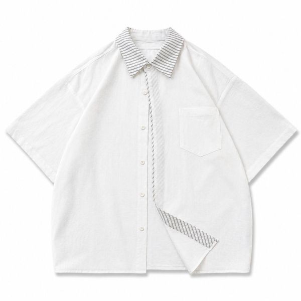 【新品預購】夏季拼接條紋短袖襯衫 短袖襯衫,休閒襯衫,春夏襯衫,條紋襯衫