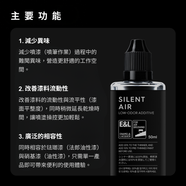 SILENT AIR 噴筆專用低氣味稀釋劑 50ml(適用琺瑯漆&硝基漆) GUNPRIMER,SILENT AIR,低氣味稀釋劑,噴筆稀釋劑,模型噴塗,模型塗裝,噴筆專用,琺瑯漆稀釋劑,硝基漆稀釋劑,模型工具,鋼彈塗裝,塑膠模型,GK模型,50ml