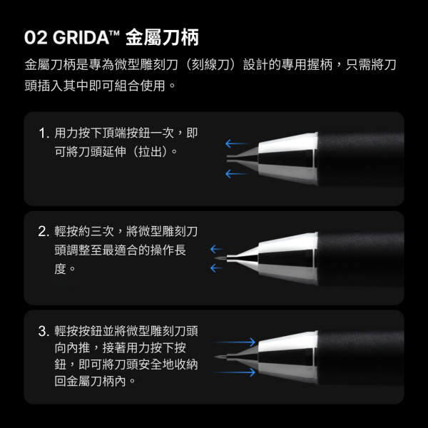 GRIDA 筆型刻線針 GUNPRIMER,GRIDA,GRIDA Starter Kit,Micro Chisel,筆型刻線針,模型刻線工具,模型改造,模型工具,鋼彈工具,塑膠模型,GK模型,刻線補充刀頭,模型細節加工,模型玩家必備
