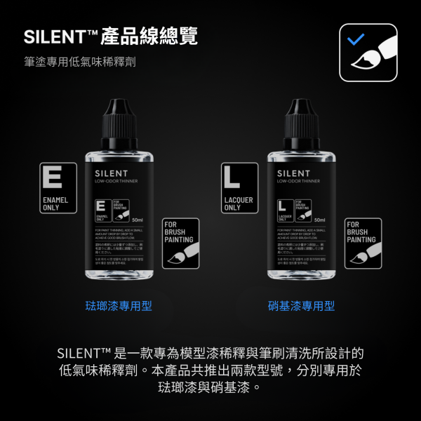SILENT 低氣味稀釋劑系列（50ml） GUNPRIMER,SILENT,低氣味稀釋劑,模型稀釋劑,琺瑯漆稀釋劑,硝基漆稀釋劑,模型塗裝,模型筆塗,模型工具,鋼彈塗裝,塑膠模型,GK模型,50ml,模型玩家必備