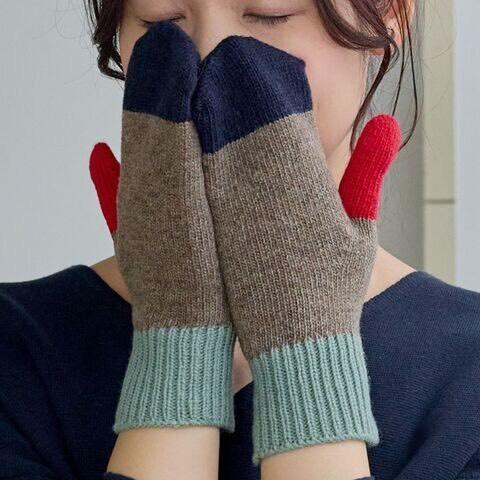 shesay 拼色針織手套(紅藍) 