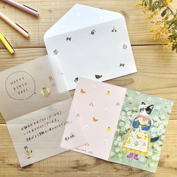 表現社 Aiko Fukawa 貓咪拿花燙金生日卡片 