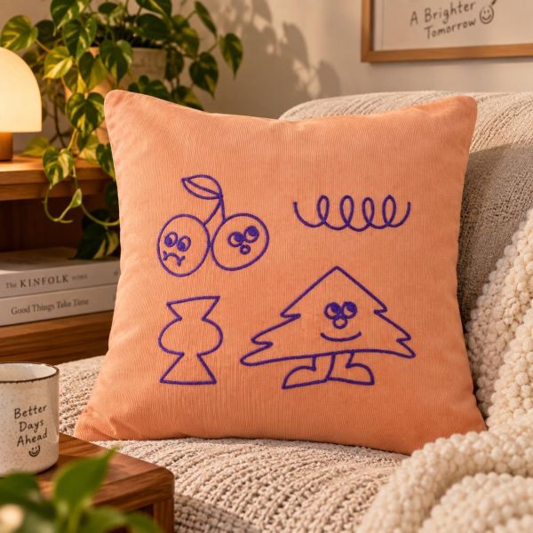 unico 刺繡小圖雙色燈芯絨抱枕套 