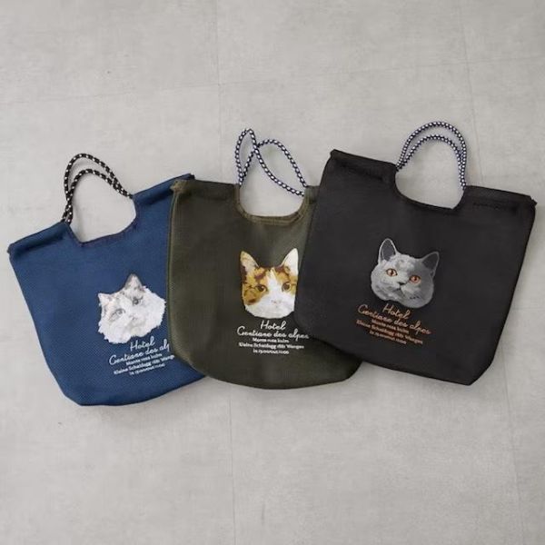 SOBIA 貓咪大臉刺繡網眼托特包 