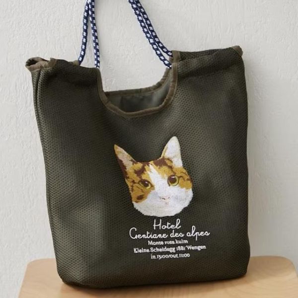 SOBIA 貓咪大臉刺繡網眼托特包 