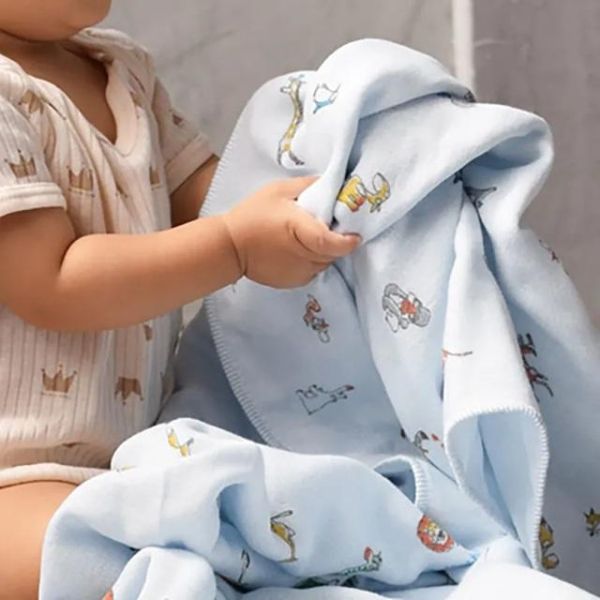 kontex 滿版動物純棉三層紗布長巾/浴巾(藍) 