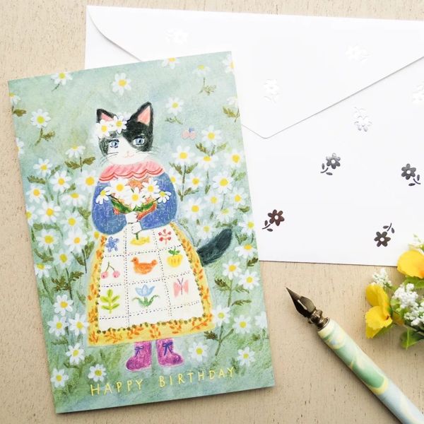 表現社 Aiko Fukawa 貓咪拿花燙金生日卡片 