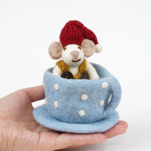 EnGry&Sif手工羊毛氈白鼠藍咖啡杯吊飾 