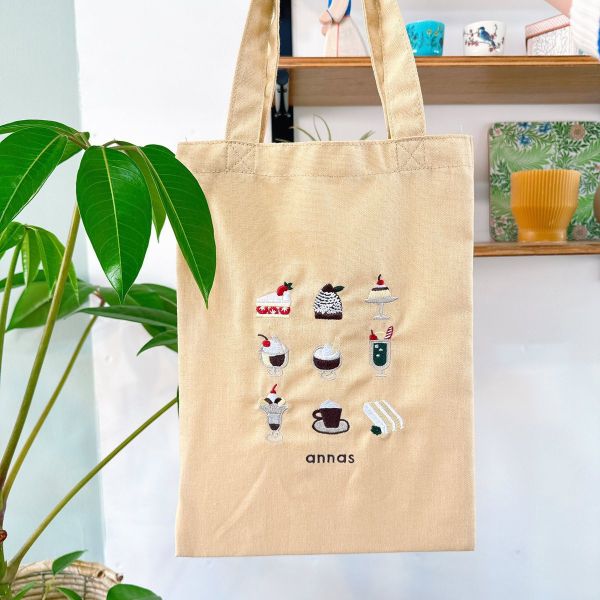 annas 咖啡甜點刺繡綿麻手提袋 