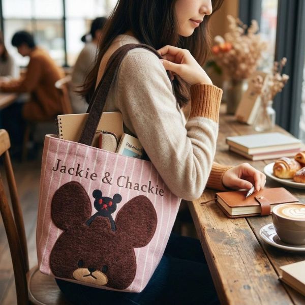 丸真 小熊學校傑琪直條紋毛絨手提袋(粉) 