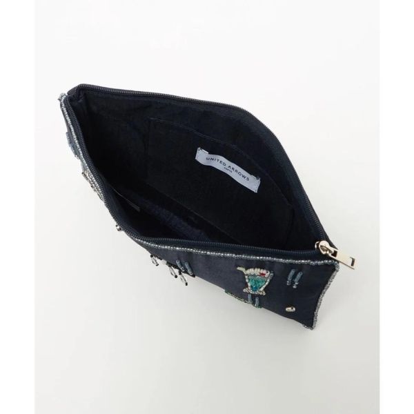 UNITED ARROWS珠珠刺繡亮面扁平收納包 