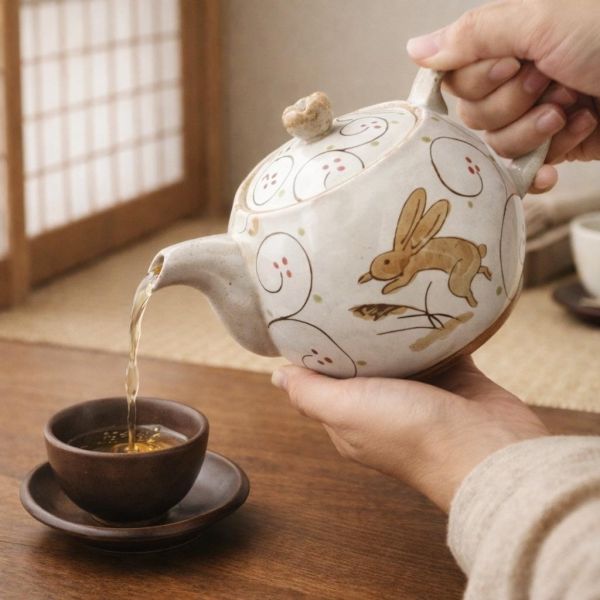 有田燒 兔子和蔓藤花紋茶壺 