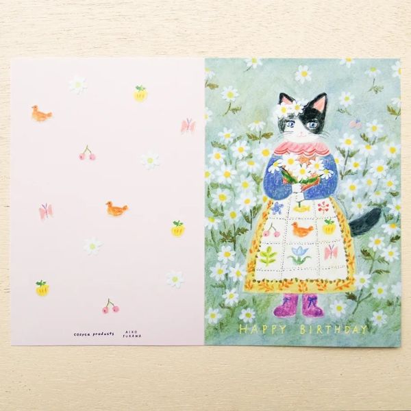 表現社 Aiko Fukawa 貓咪拿花燙金生日卡片 
