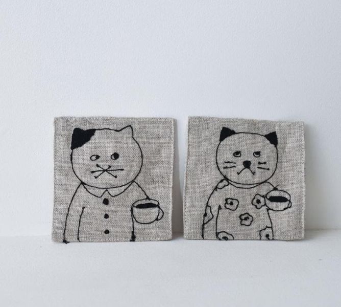 classiky 倉敷意匠 x sennokoto 貓咪刺繡亞麻布杯墊 