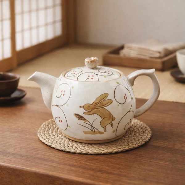 有田燒 兔子和蔓藤花紋茶壺 