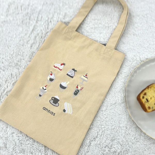 annas 咖啡甜點刺繡綿麻手提袋 