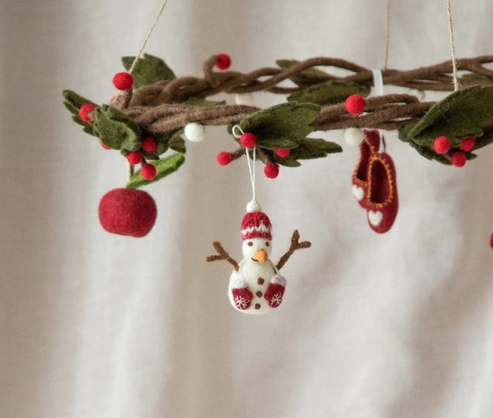 EnGry&Sif手工羊毛氈綠葉白紅花圈吊飾L 