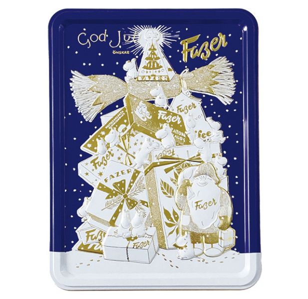 **預購**  Fazer 嚕嚕米 綜合巧克力聖誕浮雕鐵盒(藍) 