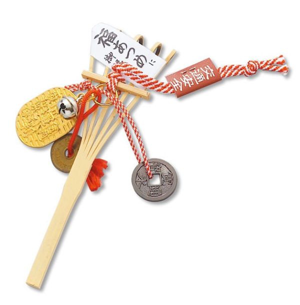 開運招福錢幣鈴鐺木製耙子擺飾 