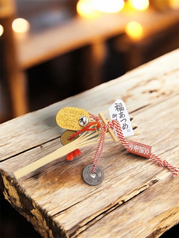 開運招福錢幣鈴鐺木製耙子擺飾 