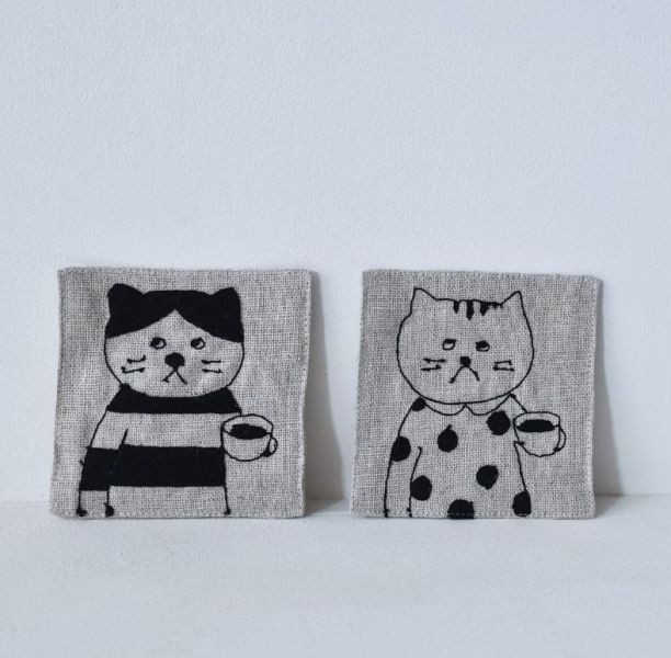 classiky 倉敷意匠 x sennokoto 貓咪刺繡亞麻布杯墊 