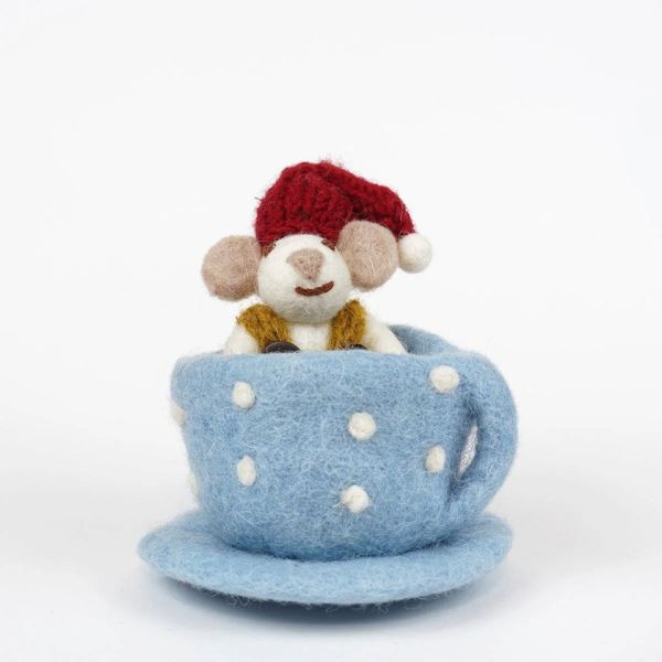 EnGry&Sif手工羊毛氈白鼠藍咖啡杯吊飾 