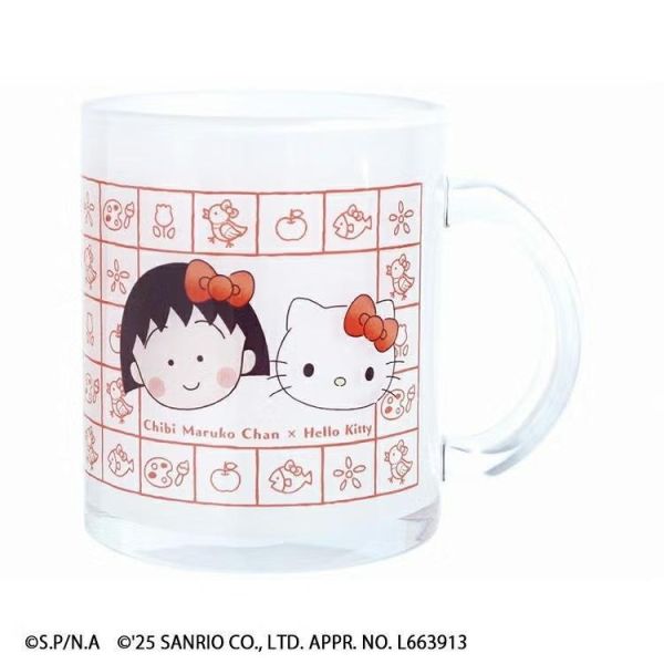 金正陶器 櫻桃小丸子xKitty紅格厚玻璃馬克杯 