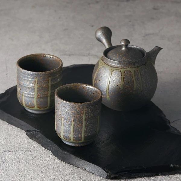 常滑燒 徳太灰釉流立湯呑茶杯 