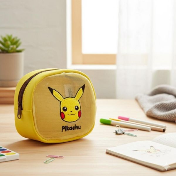 Pokemon 刺繡皮卡丘透明網狀皮革收納包 