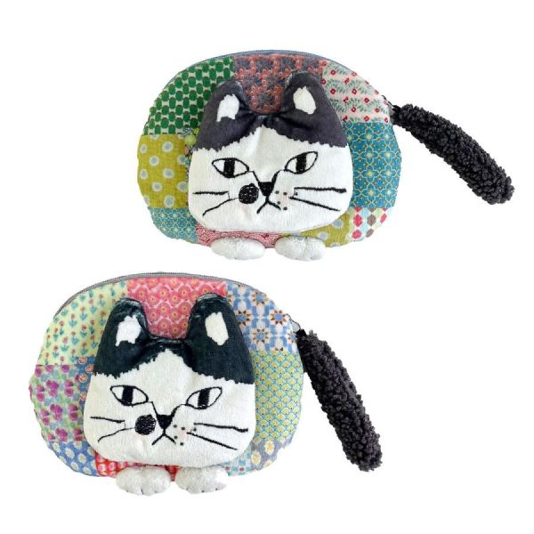 kusuguru 刺繡貓咪拼布立體橢圓收納包 