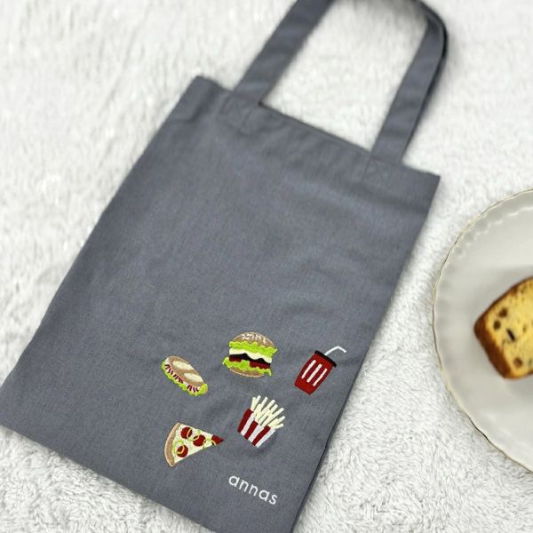 annas 咖啡甜點刺繡綿麻手提袋 