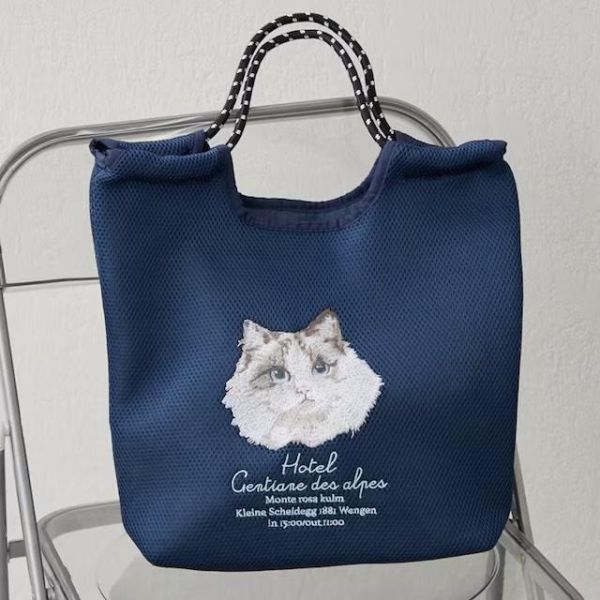 SOBIA 貓咪大臉刺繡網眼托特包 