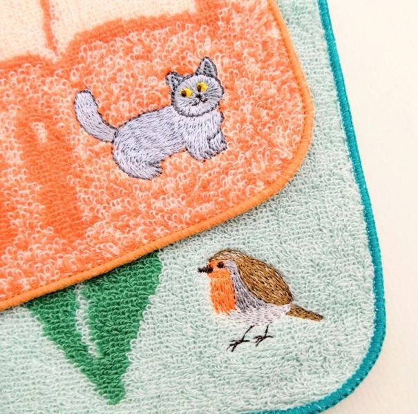 Greeting Life 貓咪刺繡造型純棉手帕(橘) 
