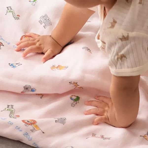 kontex 滿版動物純棉三層紗布長巾/浴巾(藍) 