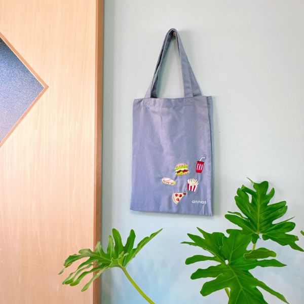 annas 咖啡甜點刺繡綿麻手提袋 