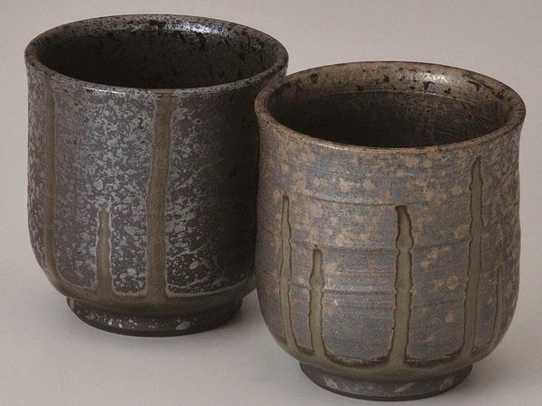 常滑燒 徳太灰釉流立湯呑茶杯 