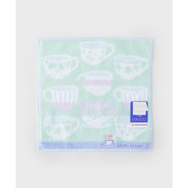 Laura Ashley 茶杯刺繡藍邊純棉手帕(綠) 
