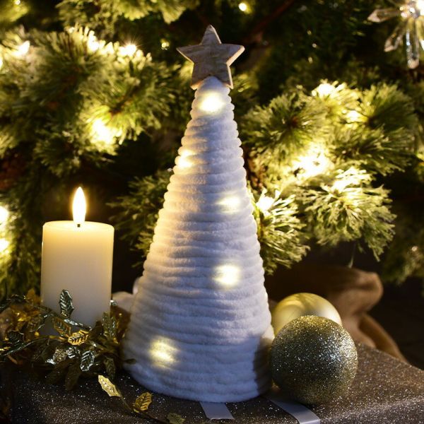 LED燈 白毛線木製聖誕樹擺設 