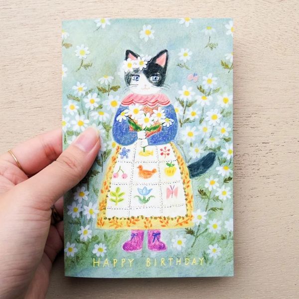 表現社 Aiko Fukawa 貓咪拿花燙金生日卡片 