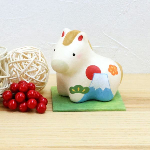 龍虎作 招福干支馬富士山陶瓷和紙擺設 