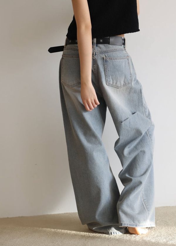 復古刷色後割破丹寧褲 