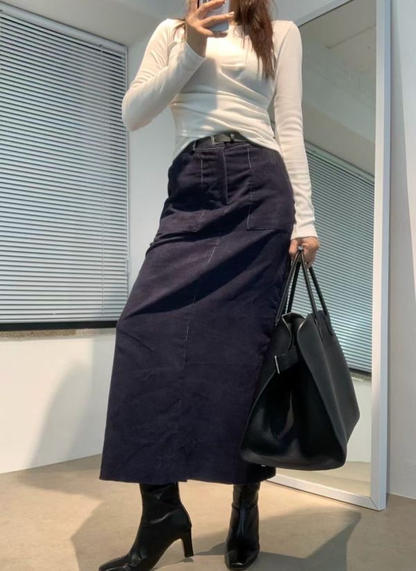 秋冬的時髦質感-皮帶燈芯絨裙(2色) 