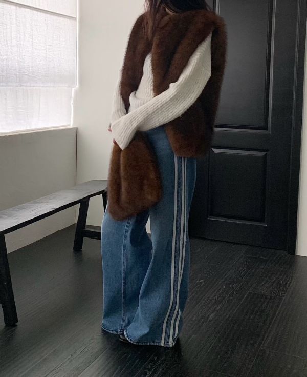 經典雙縫蕾絲寬版丹寧褲 