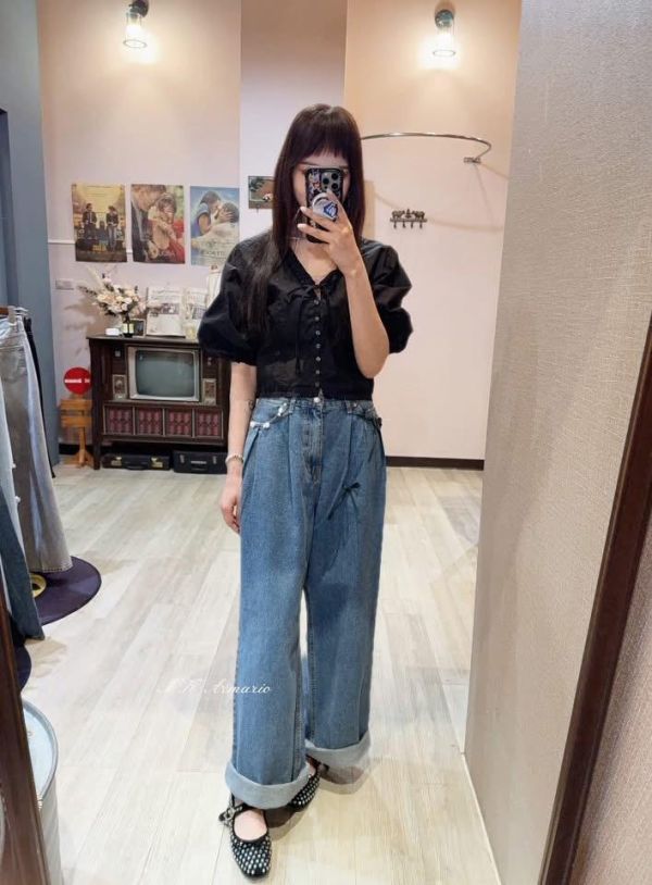 復古感珍珠緞帶丹寧褲 