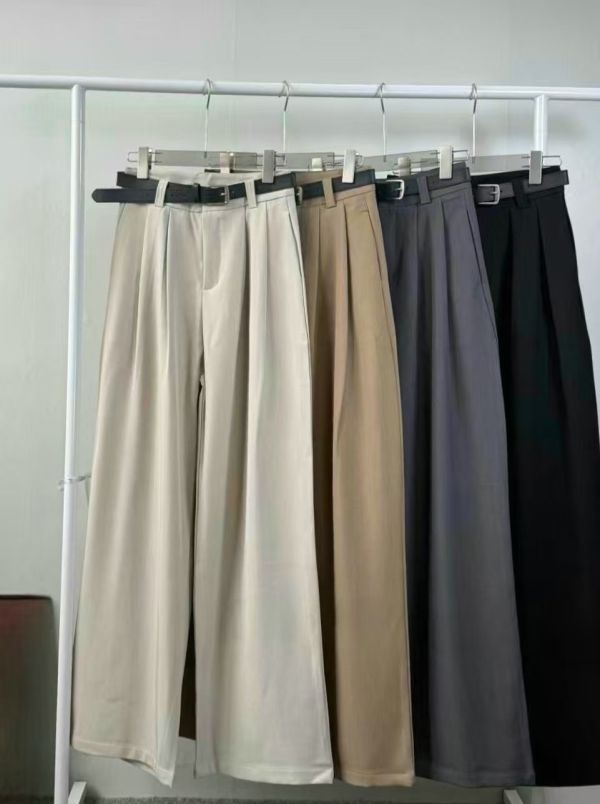瘦瘦的附皮帶打褶西褲(4色) 